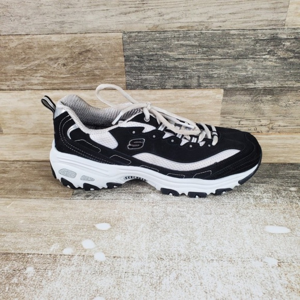 Skechers D'Lites Biggest Fan Womens Shoes Sz‎ 9.5 Black White Suede Lace Up